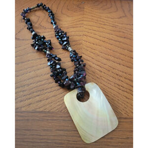 Vtg Necklace Multicolor Cut Shell & Stone Large Rectangle Pendant Jewelry